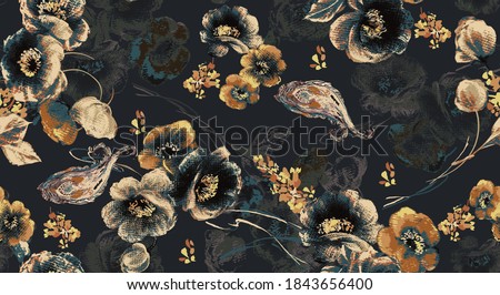 Antique illustration. Hand drawing wallpaper. The Amazing fabric Abstract Background, Halftone Flowers Bouquet, Floral illustration, for greeting card, textile and digital print - Illustration