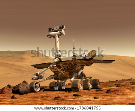 Mars explore mission. The Perseverance rover deploys its equipment against the backdrop of a true Martian landscape. 3D rendering. Colony made on Mars concept. Elements of this image furnished by NASA Photo stock © 
