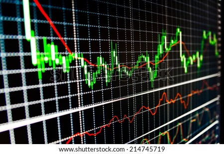 Stock market graph and bar chart. Stock market ticker computer live trade forex screen. Data analyzing in forex market: the charts and quotes on display. Shallow depth of field effect.
