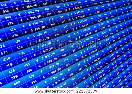 Finance trade data analysis. Computer screen live display. Ticker board. Computer spreadsheet. Computer spreadsheet. Currency exchange forex trade screen data concept. Computer screen. Stock market.