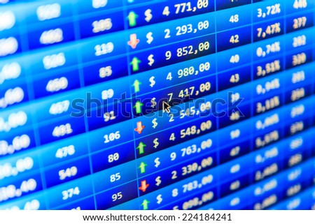 Stock share prices. Data analyzing in forex market. Financial data on a monitor. Computer spreadsheet. Stock market quotes. Price movement. Blue macro real time photo Real time stock exchange.