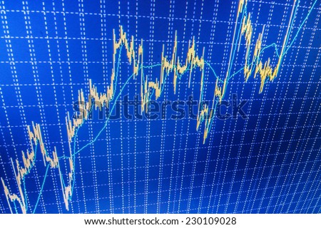 Stock profit graph for diagram. Business stock exchange. Dollars table computer. Price movement. Display of Stock market quotes. Stock exchange market. Data analyzing. Charts and quotes on display.