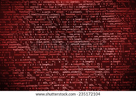 Hacker, bad software or online theft metaphore. Computer red screen- danger, virus threat. Program application script code fragment.  Dark shadow and vignette spotlight effect.