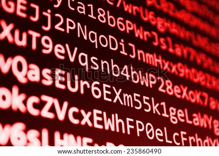 Hacker, bad software or online theft metaphore. Computer red screen- danger, virus threat. Program application script code fragment.  Dark shadow and vignette spotlight effect.  (MORE IN MY GALLERY)