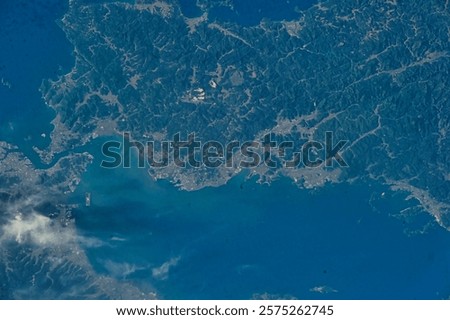 Similar – Image, Stock Photo Rippled ocean near green mountain with walkway under sky