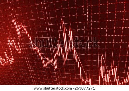 Data on live computer screen. Crisis crash recession downfall fail and loss.  Stock market graph and bar chart price display. Abstract financial background trade colorful  red abstract.