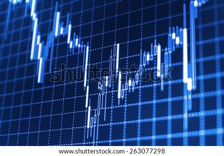 Data on live computer screen. Display of quotes pricing graph visualization. Stock market graph and bar chart price display. Abstract financial background trade colorful  blue abstract.