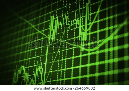 Stock chart graph of market share prices of company. Live on monitor desktop screen monitor. Business background. Green color.