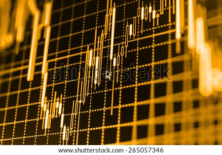 Data on live computer screen. Display of quotes pricing graph visualization. Stock market graph and bar chart price display. Abstract financial background trade colorful