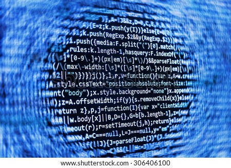 Computer program code. Web developer computer screen, closeup of monitor background.  Shallow depth of field, selective focus effect.