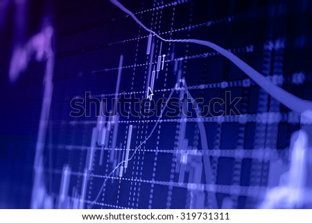 Stock market graph and bar chart price display. Data on live computer screen. Display of quotes pricing graph visualization. Abstract financial background trade colorful