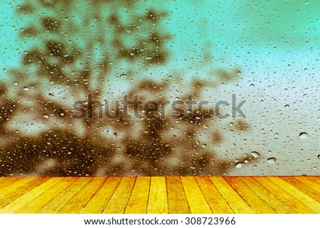 wet perspective floor with blur drop on mirror with dark tree background ,vintage tone