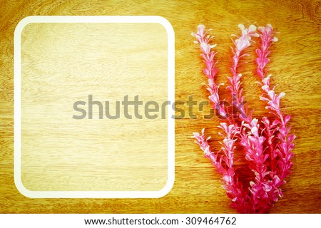 white frame and pink marine plant on wooden background