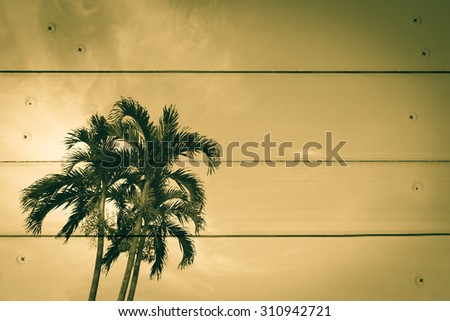 blur image of coconut tree with wooden wall and nails background ,green vintage tone