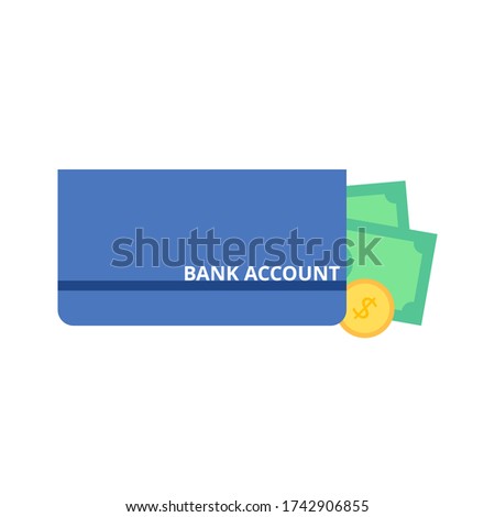 Bank account book vector. Banknote and coin. Finance and business concept. Flat design on white background.