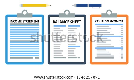 Financial statements concept vector. Income statement, balance sheet, cash flow statement. Finance and accounting concept. Flat illustration on white background.