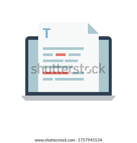 Spell check on word processing software vector. Text editor concept. Writing document on laptop screen. Flat design on white background.