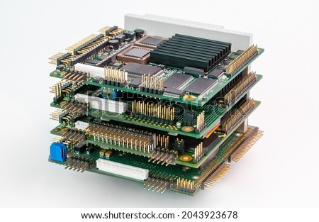 pc104 stack of rugged embedded computer boards on white background Stockfoto © 