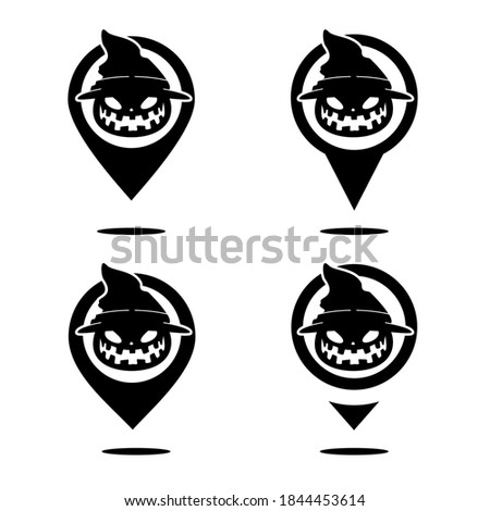 Halloween map pin icon. Horror location. Scary pumpkin wearing a witch hat. Illustration vector
