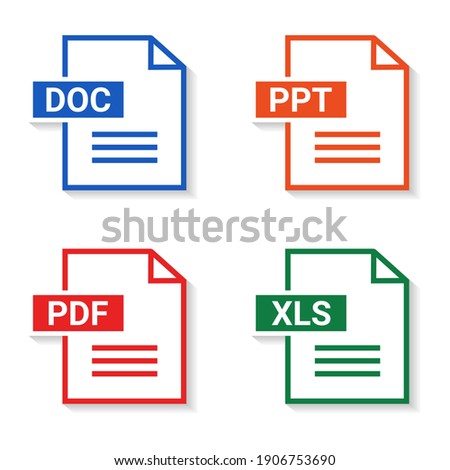 Set of file type. Format and extension of documents. PDF, DOC, PPT and XLS. Illustration vector