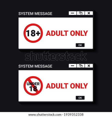 18 plus sign. Warning only for 18 years and over. Popup window. Only for adults.. Isolated on dark background. Illustration vector