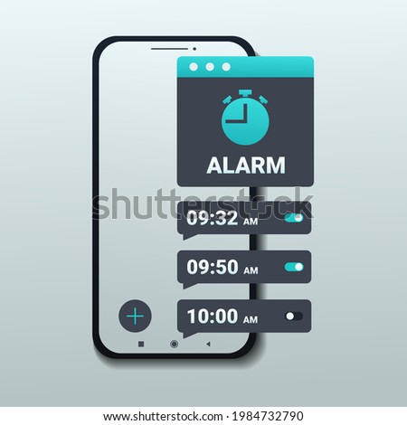 Alarm clock app on smartphone screen. Set up multiple alarm reminder on smart phone.  Wake up time settings. Illustration vector