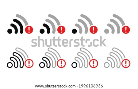 Set of wifi signal icon with exclamation. Error connection. Weak signal, lost, bad connection problem sign symbol concept. Illustration vector