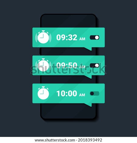 Wake up time settings. Alarm clock app on smartphone screen. Set up multiple alarm reminder on phone. Illustration vector