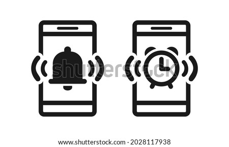 Alarm clock on smartphone screen. Mobile phone with notification bell icon. Alarm clock, reminder sign symbol. Wake up time settings. Illustration vector