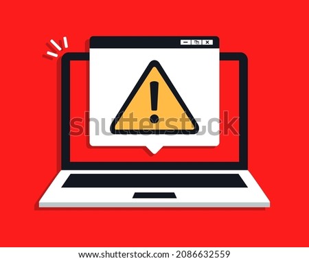 Laptop warning sign. Computer notification, exclamation mark. Illustration vector