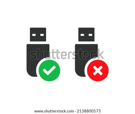 Usb drive with check mark. Flash disk with cross sign. Vector illustration