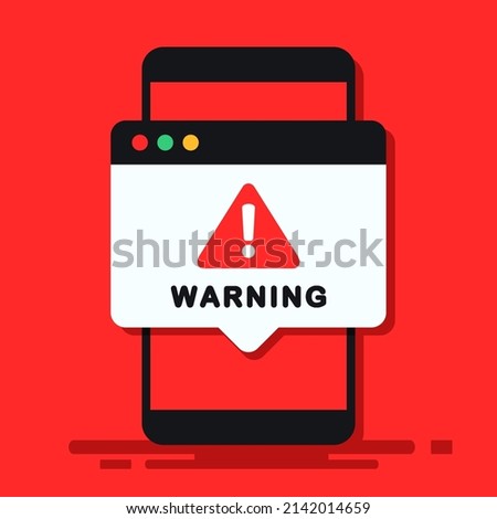 Mobile phone warning sign. Smartphone notification, exclamation mark. Vector illustration