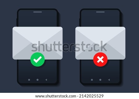 Mail envelope with check mark and cross sign on mobile phone screen. Vector illustration