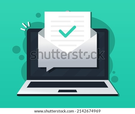 Check mark document in mail envelope.  Approved email message on laptop computer screen. Vector illustration.