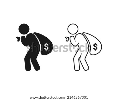 Thief, criminal icon. Robber holding sack of money. Vector illustration