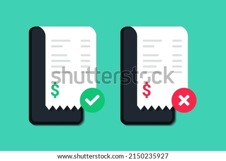 Invoice with check mark and cross sign on mobile phone screen. Paper invoice, shopping cash bill slip, buying tax transaction service. Vector illustration