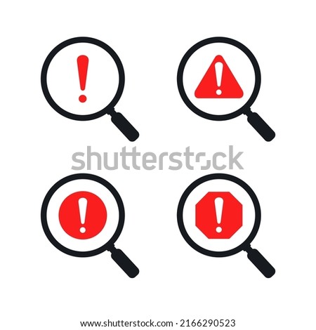 Magnifying glass warning error icon. Vector illustration 