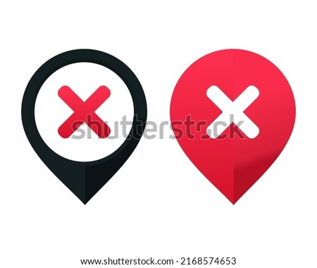 Map pin with x icon. Wrong location. Vector illustration