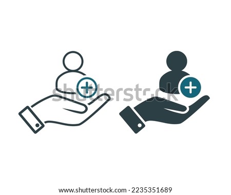 Hand holding person with plus icon. Illustration vector
