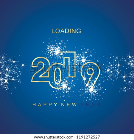 Happy New Year 2019 loading spark firework gold blue vector logo banner line design greeting card