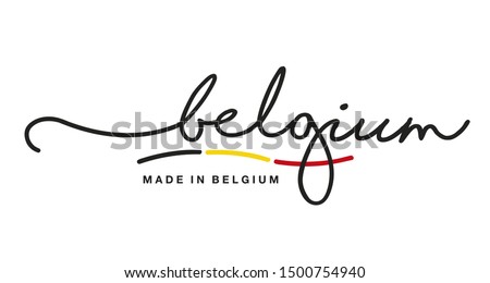 Made in Belgium handwritten calligraphic lettering logo sticker black yellow red flag ribbon banner line design