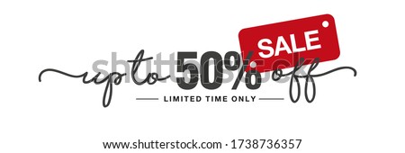 Sale up to 50 percent off handwritten and display tipography lettering black red white background banner