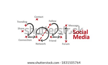 Social media New Year 2021 word cloud black arrows red marks white background vector