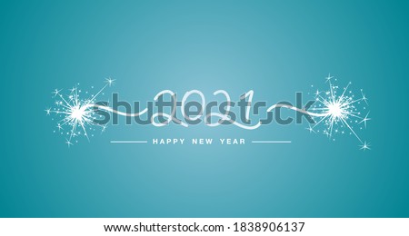 Happy New Year 2021 handwritten line design tipography numbers sparkle firework sea green aqua color background banner