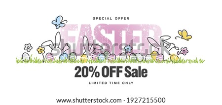 Special offer Sale 20% off. Easter white background with butterfly, rabbit and spring flowers colorful eggs in a pattern of green grass