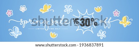 Spring Sale up to 30 % off handwritten typography lettering line design colorful flowers butterflies tulips blue greeting card