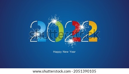2022 Happy New Year modern cut of black light typography sparkle firework colorful white blue vector greeting card