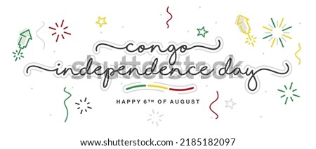 Congo independence day handwritten lettering typography calligraphy with stars, firework, confetti, and abstract Congo Republic flag ribbon isolated on white background