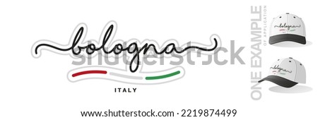 Bologna Italy, abstract Italy flag ribbon, new modern handwritten typography calligraphic logo icon with example of application