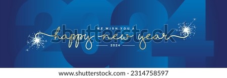 Happy New Year 2024 gold handwritten typography light glitter fireworks and blue 2024 background wallpaper banner